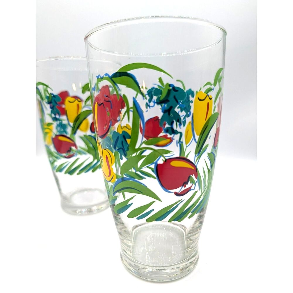 VTG 2 Luminarc Spring Blossom France Bright Floral Tulip 16oz Drinking Glasses
